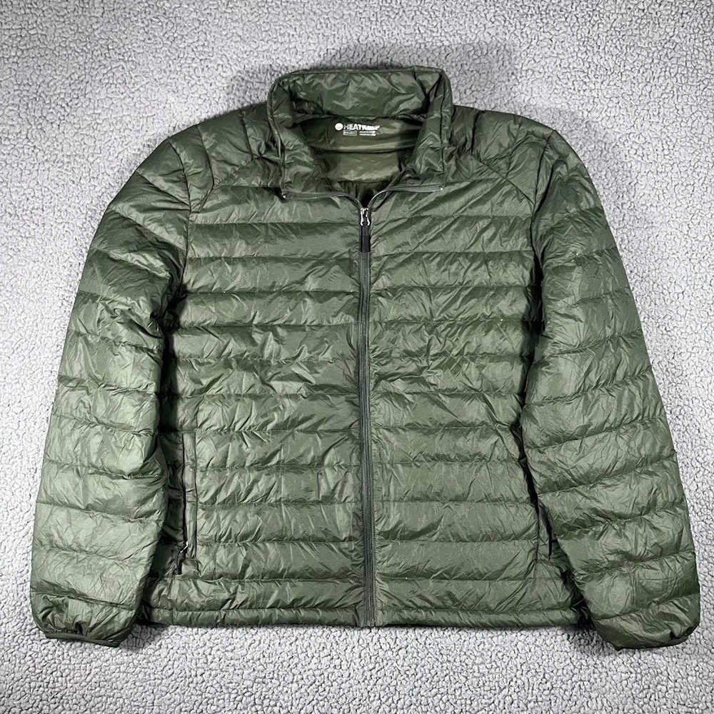Heatkeep Mens XXL Olive Green Down Puffer Jacket Lightweight Full Zip Quilted